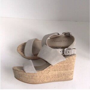 Via Spiga Wedge Sandals Heels Womens 8.5. Cork Suede Leather Gray Taupe Kezia